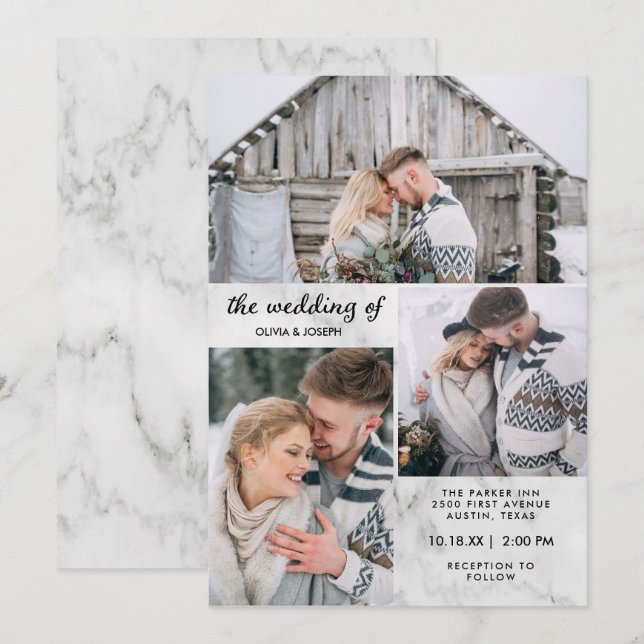 Invitation Trois photos sur l'élégance du marbre| Mariage (Devant / Derrière)