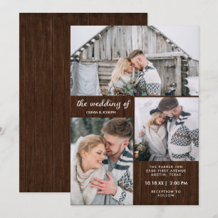 Invitation Trois photos sur Rustic Wood Look   MARIAGE