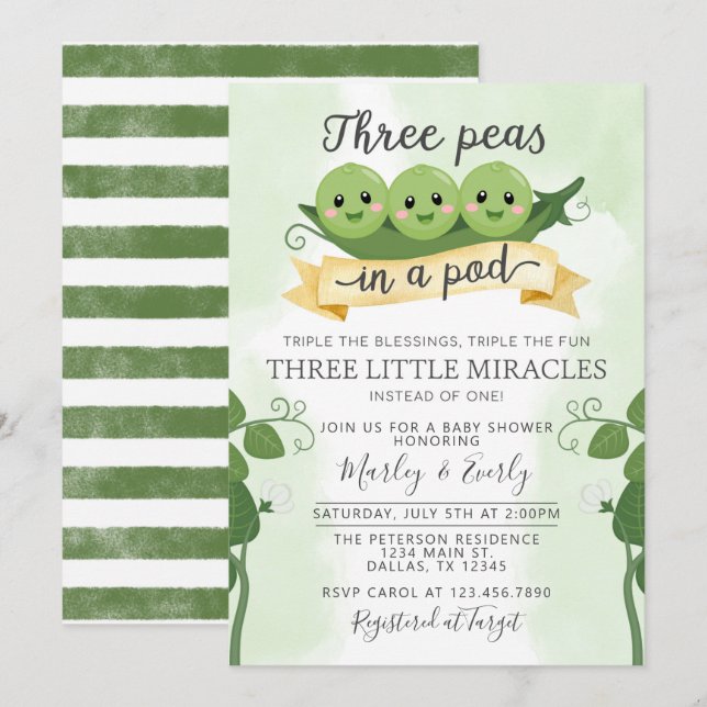 Invitation Trois pois dans un Baby shower de pois Triplet d'i (Devant / Derrière)