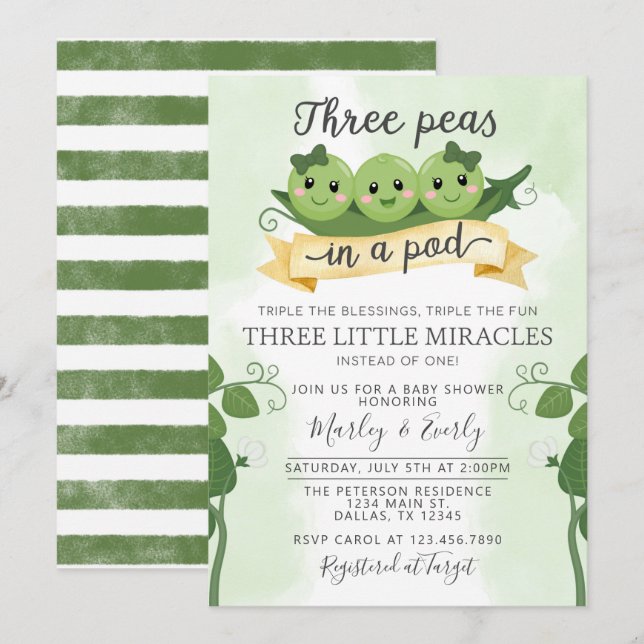 Invitation Trois pois dans un Baby shower de pois Triplet d'i (Devant / Derrière)