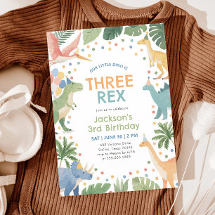 Invitation Trois Rex Aquarelle Dinosaur 3ème Anniversaire