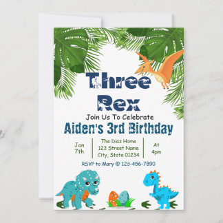 Invitation Trois Rex Dino fête d'anniversaire