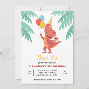 Invitation Trois Rex Dinosaur Cake Balloon 3e fête d'annivers