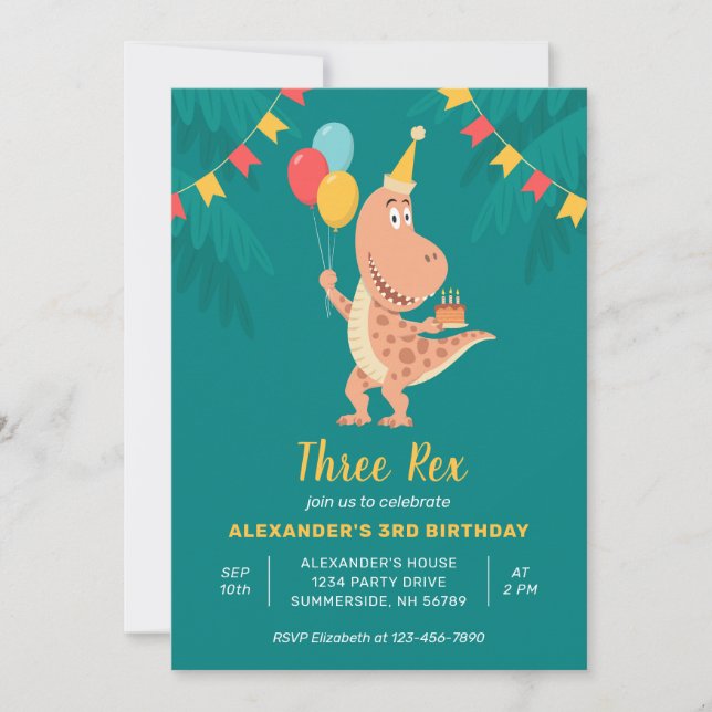 Invitation Trois Rex Dinosaur Cake Balloon 3e fête d'annivers (Devant)