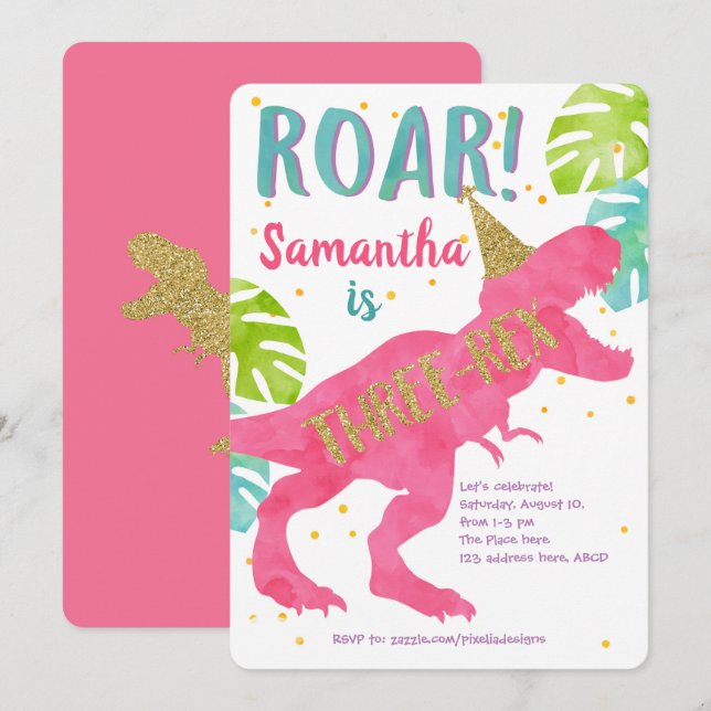 Invitation Trois Rex, Dinosaure, Fille, Troisième Anniversair (Devant / Derrière)
