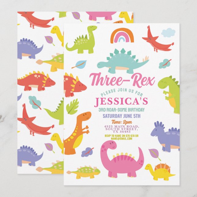 Invitation Trois Rex Dinosaure Filles Rose Fête Mignonne (Devant / Derrière)