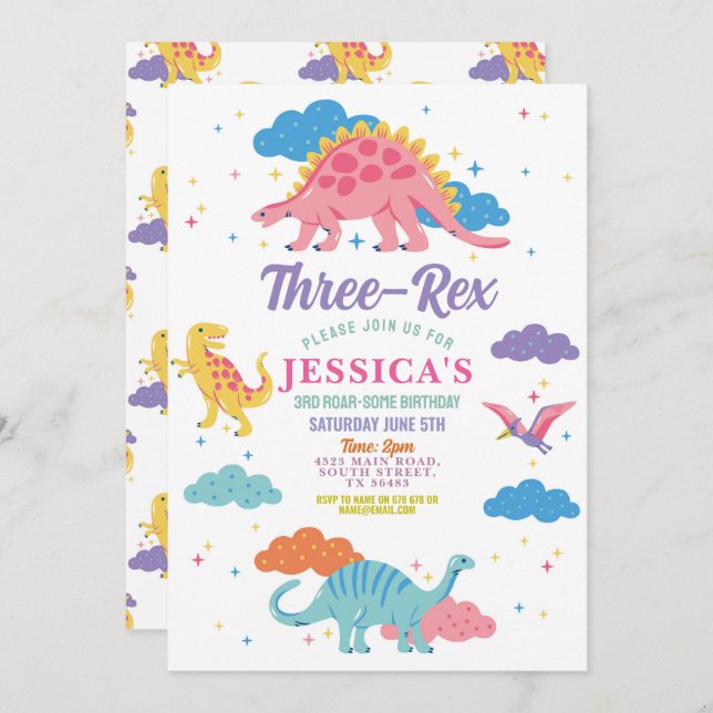 Invitation Trois Rex Dinosaure Filles Rose Fête Mignonne (Devant / Derrière)