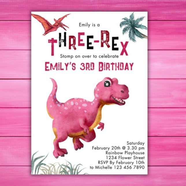 Invitation Trois-Rex Filles 3e Anniversaire Dinosaure Rose Di (Créateur téléchargé)