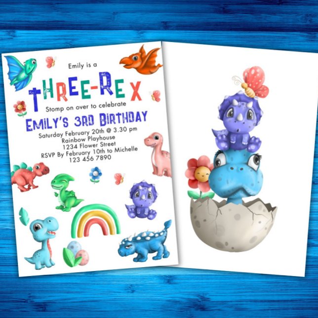 Invitation Trois-Rex Filles 3e Anniversaire Fête de Dinosaure (Créateur téléchargé)