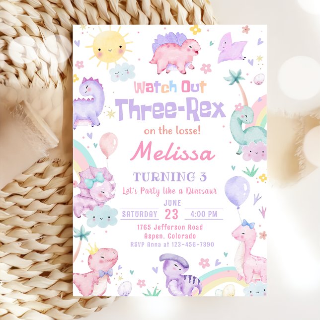 Invitation Trois Rex Pink Dinosaur 3e fête d'anniversaire (Créateur téléchargé)