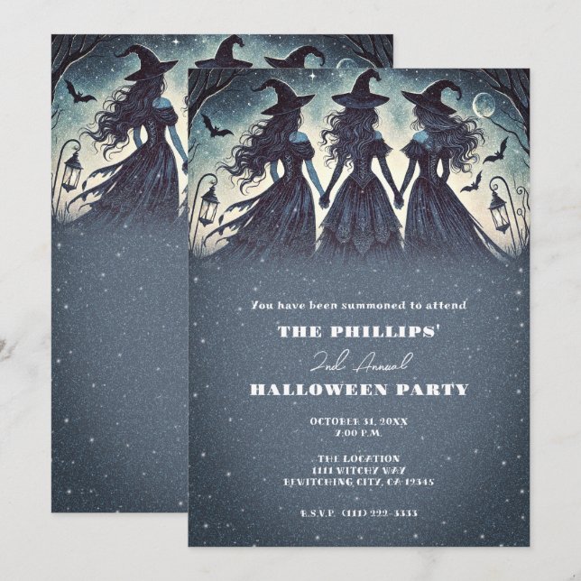 Invitation Trois sorcières à la soirée d'Halloween étoilée (Devant / Derrière)