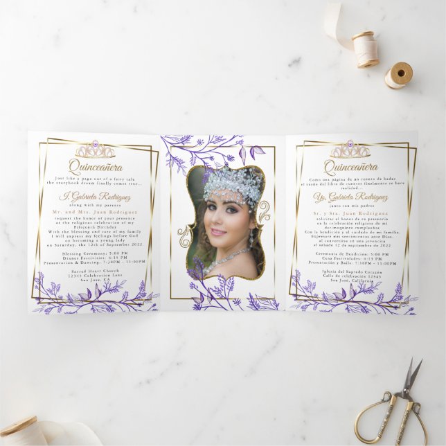 Invitation Trois Volets 2 Photo Purple Folio Mis Quince Años (Intérieur)