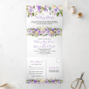 Invitation Trois Volets 3 en 1 Mariage floral violet rustique