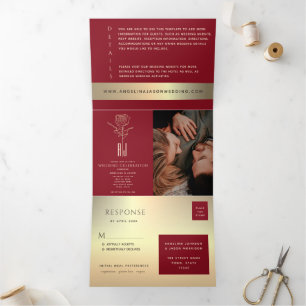 Invitation Trois Volets 3 en 1 Mariage photo rouge et or