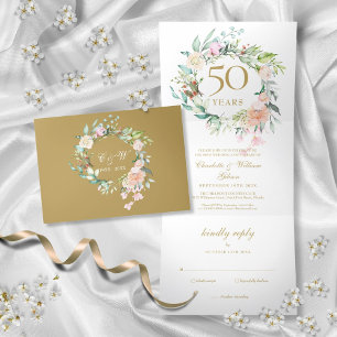 Invitation Trois Volets 50 ans Roses Fleuries de Mariage Noces d'Or