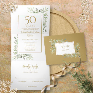 Invitation Trois Volets 50e Anniversaire d'or Mariage vert floral