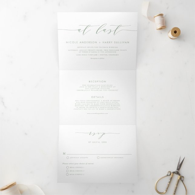 Invitation Trois Volets À Dernier Sage Green Minimalist Script Mariage (Intérieur)