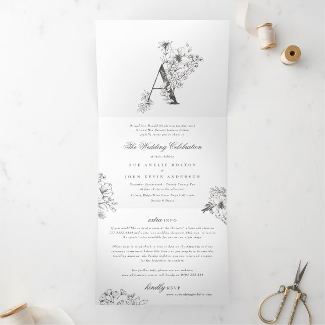 Invitation Trois Volets "A" Monogramme Beau Mariage floral croisé (Intérieur)