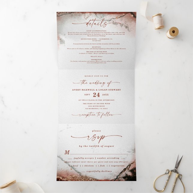 Invitation Trois Volets Abstrait moderne  orange et Mariage de automne gri (Intérieur)