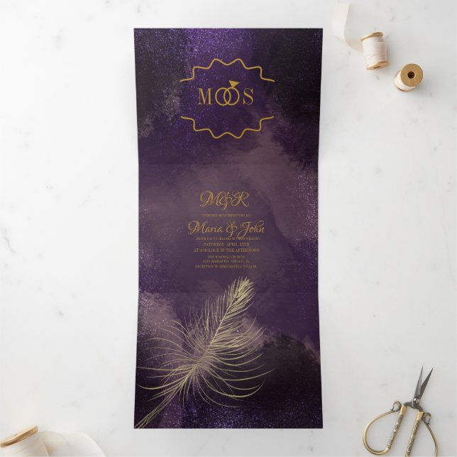 Invitation Trois Volets Abstrait Violet noir Brush Strokes Mariage (Intérieur)