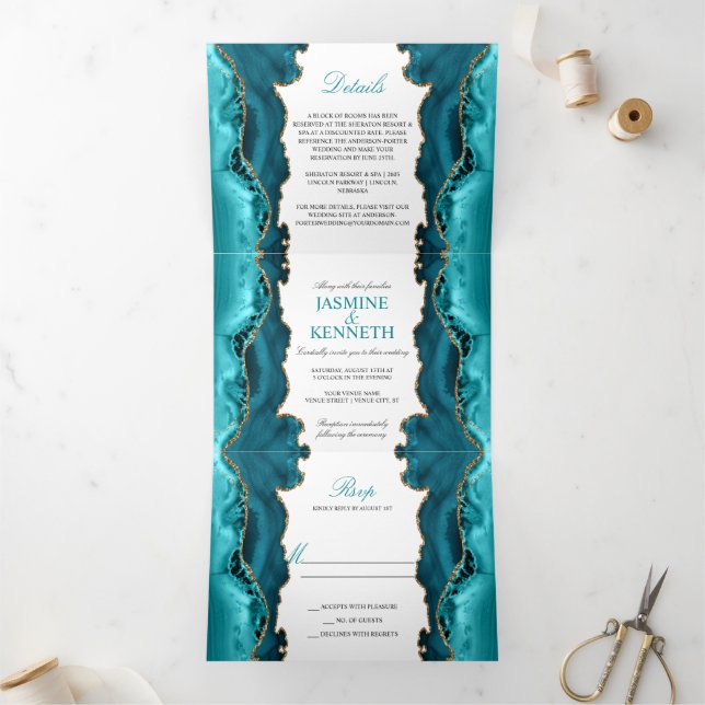 Invitation Trois Volets Agate turquoise et or sur Mariage blanc (Intérieur)