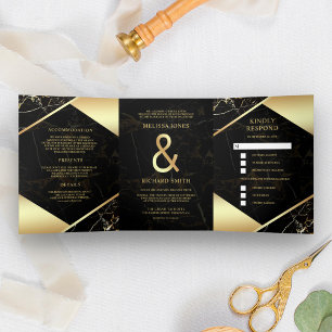 Invitation Trois Volets Ampersand de mariage en marbre noir or moderne