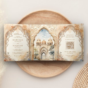 Invitation Trois Volets Ancien Palais Arabe Arc QR Code Mariage musulman