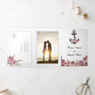 Invitation Trois Volets Ancrage vintage rose poussiéreux fleurs nautique m