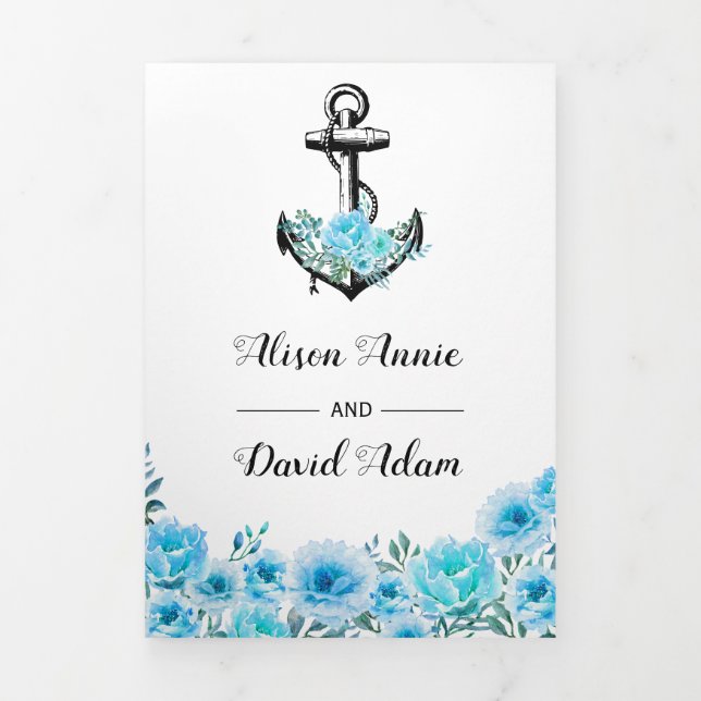 Invitation Trois Volets Ancre bleu aquarelle fleurs nautique mariage (Page de couverture)