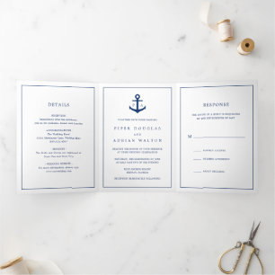 Invitation Trois Volets Ancre bleu marine Monogramme Nautique Élégant mari