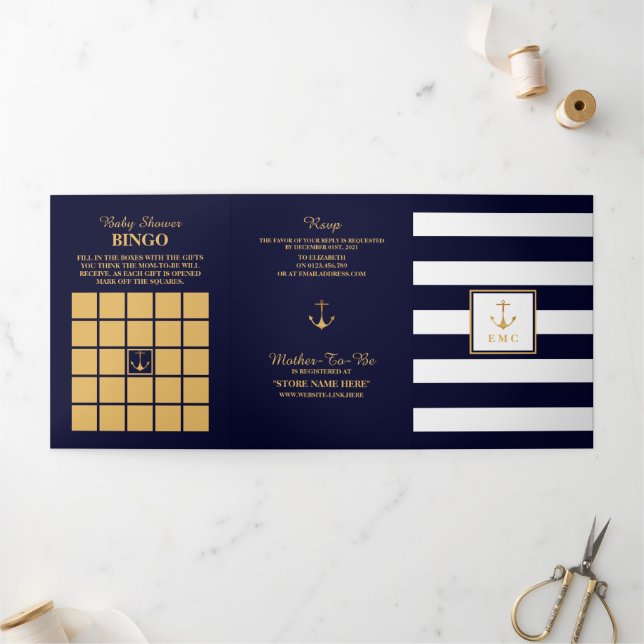 Invitation Trois Volets Ancre d'or Marine & White Stripe Baby shower Suite (Extérieur)