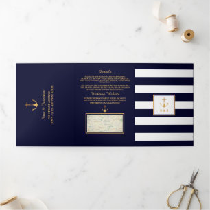 Invitation Trois Volets Ancre d'or Suite de Mariage bleu et blanc de la ma