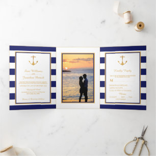 Invitation Trois Volets Ancre d'or, suite Mariage en bande bleue et blanch