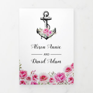 Invitation Trois Volets Ancre vintage fleurs roses mariage nautique