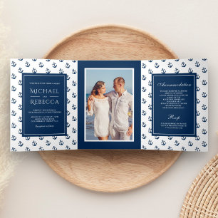 Invitation Trois Volets Ancres nautiques bleu marine Mariage photo