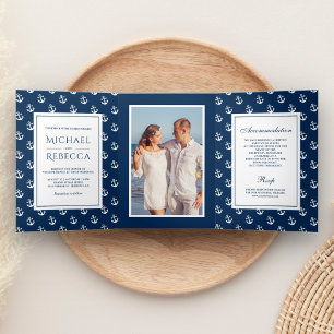 Invitation Trois Volets Ancres nautiques bleu marine Mariage photo