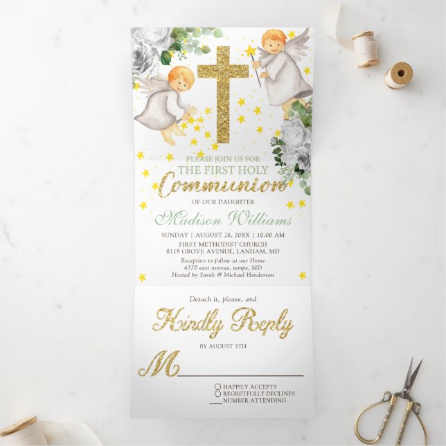 Invitation Trois Volets Anges de la première communion Or Genre Neutre (Intérieur)