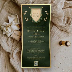Invitation Trois Volets Antiquité Chasseur Vert Or Médiéval Mariage à Roul