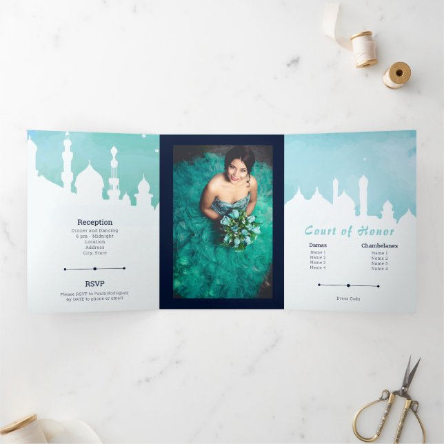 Invitation Trois Volets Aqua Arabian Nights Aquarelle Quinceañera Tri-Fol (Intérieur)