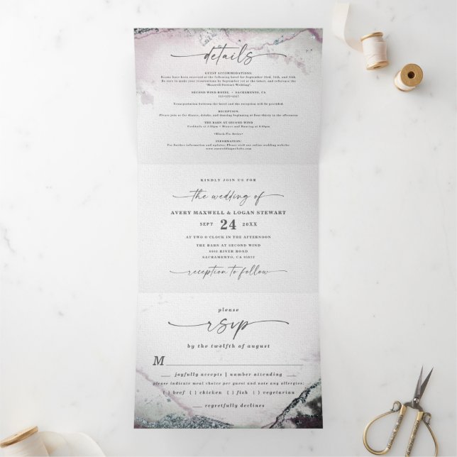 Invitation Trois Volets Aquarelle Abstraite moderne Mariage violet clair (Intérieur)