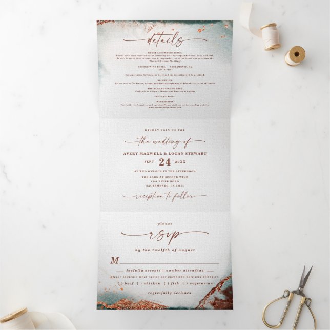 Invitation Trois Volets Aquarelle Abstraite moderne Terra Cotta Mariage (Intérieur)