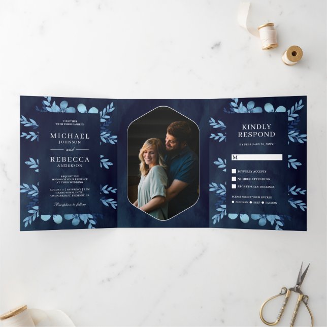 Invitation Trois Volets Aquarelle bleu Dusty Floral Photo Marine Mariage (Intérieur)