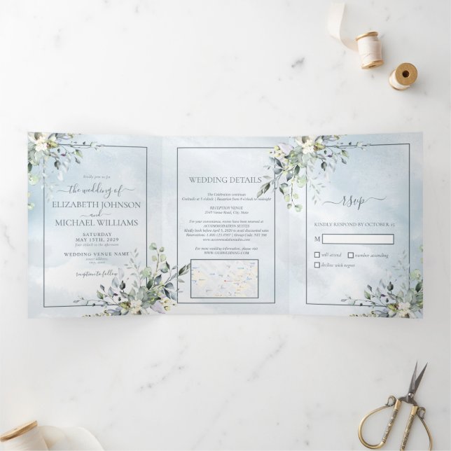 Invitation Trois Volets Aquarelle bleu Dusty vert botanique Script (Intérieur)