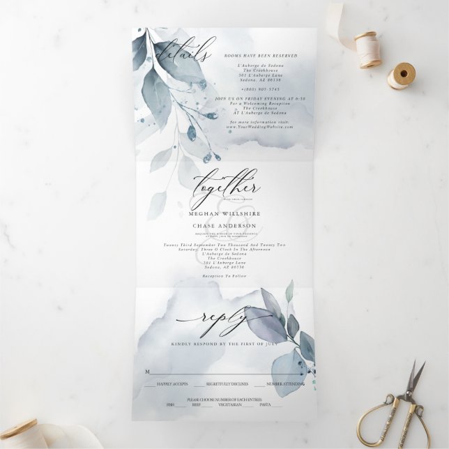 Invitation Trois Volets Aquarelle bleu foncé TOUS EN UN MARIAGE (Intérieur)