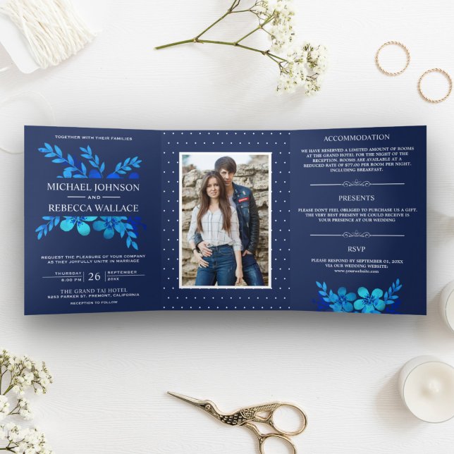 Invitation Trois Volets Aquarelle bleu marine Floral Mariage Photo (Créateur téléchargé)