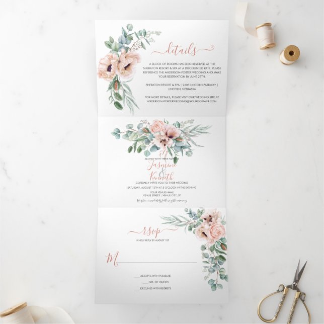 Invitation Trois Volets Aquarelle bleu rose et ivoire Mariage floral | (Intérieur)