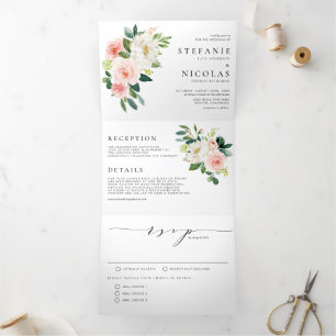 Invitation Trois Volets Aquarelle Blush et Fleurs blanches Mariage de prin