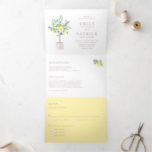 Invitation Trois Volets Aquarelle botanique Citron Mariage d'été