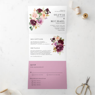 Invitation Trois Volets Aquarelle Bourgogne et Mariage de automne Floral B