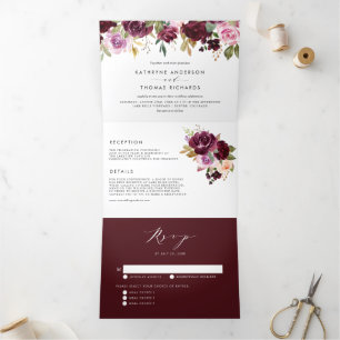 Invitation Trois Volets Aquarelle Bourgogne et Mariage de automne floral p